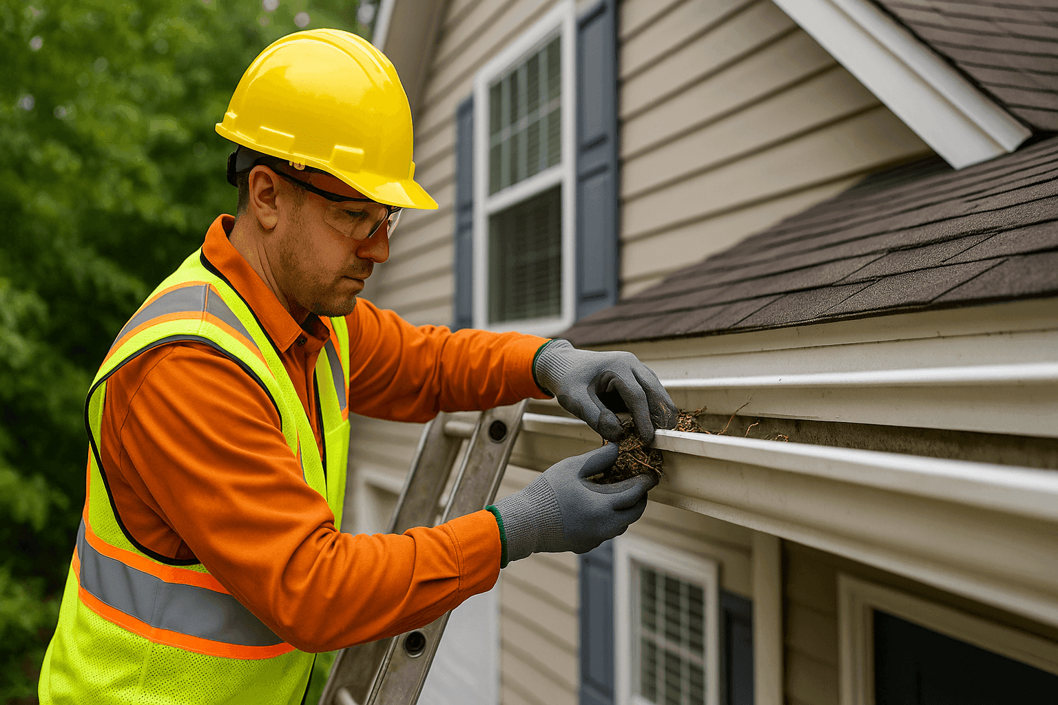 Técnico limpiando canaletas residenciales de manera segura con escalera y guantes