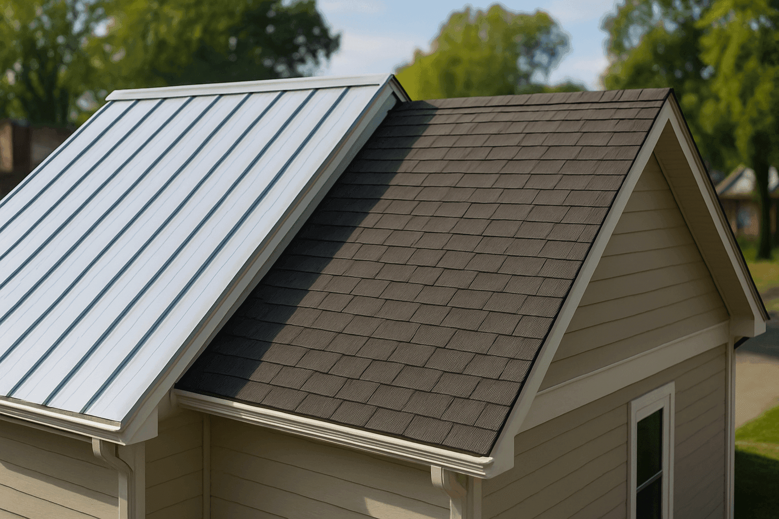 Side-by-side metal and shingle roof sections in bright sunlight