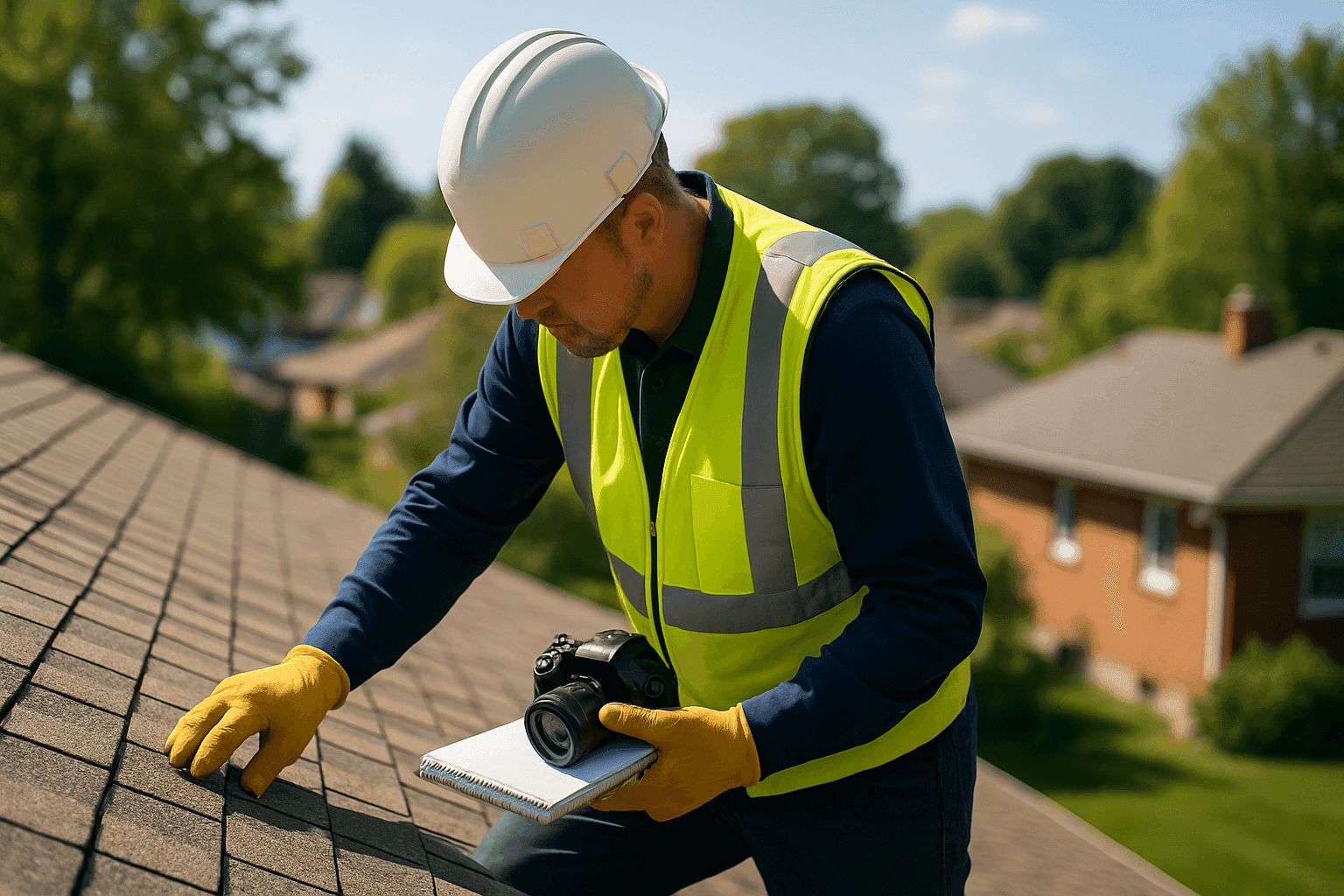Inspector examining a residential roof with notepad and camera