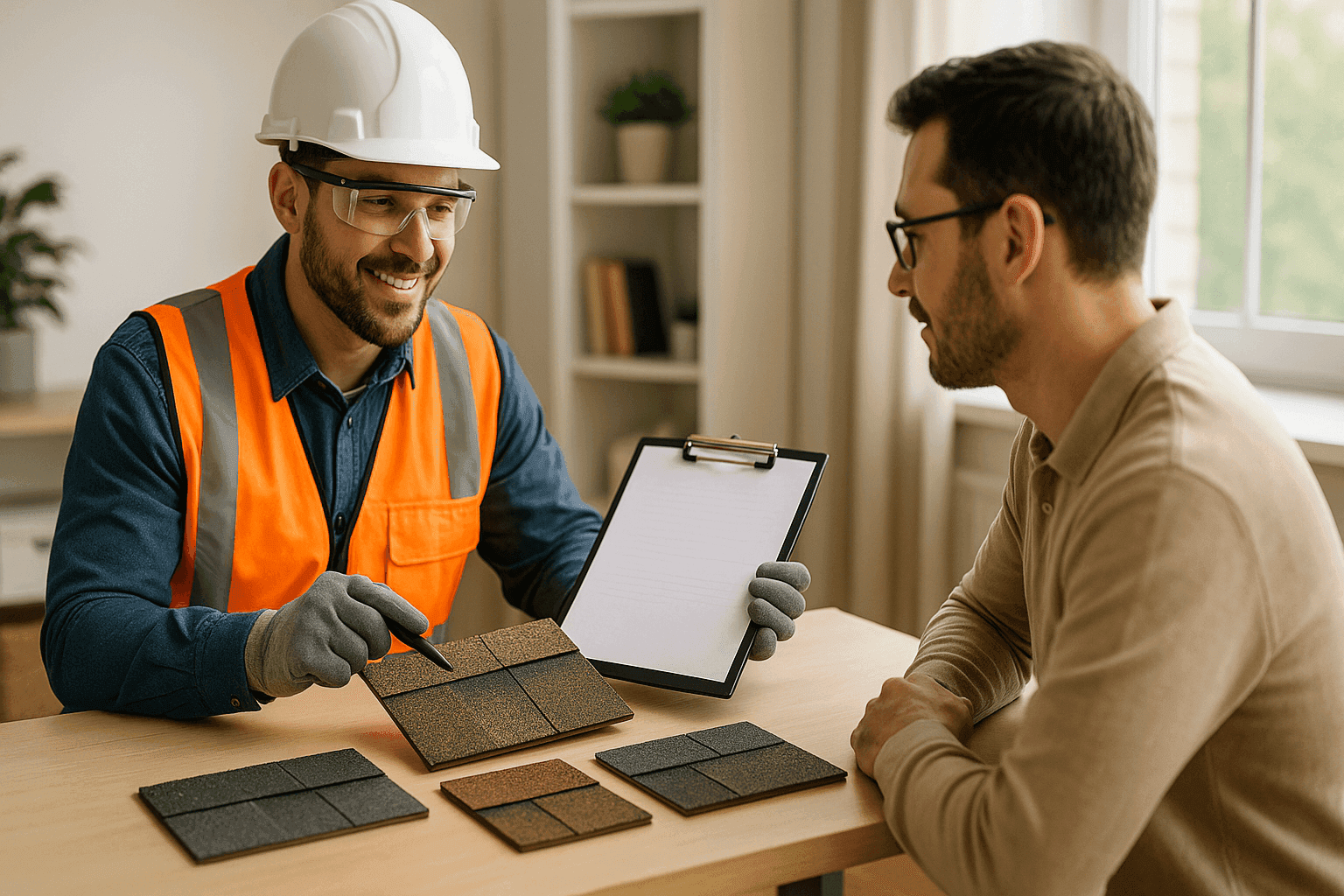 Contractor explaining roof replacement costs to homeowner with roofing samples