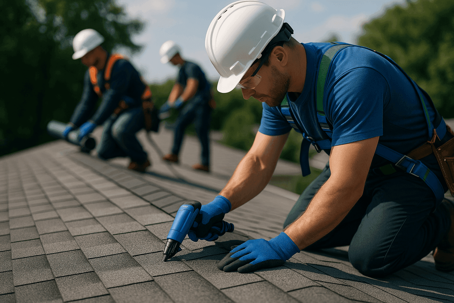 Professional residential roofing crew working safely on a clean roof with PPE in Howe
