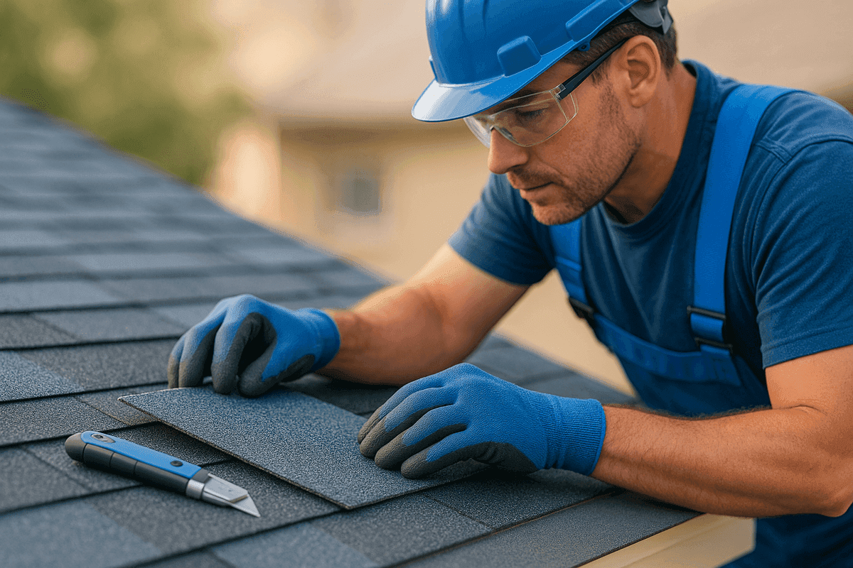 Close-up of roofer’s gloved hands installing blue asphalt shingle on roof in Howe
